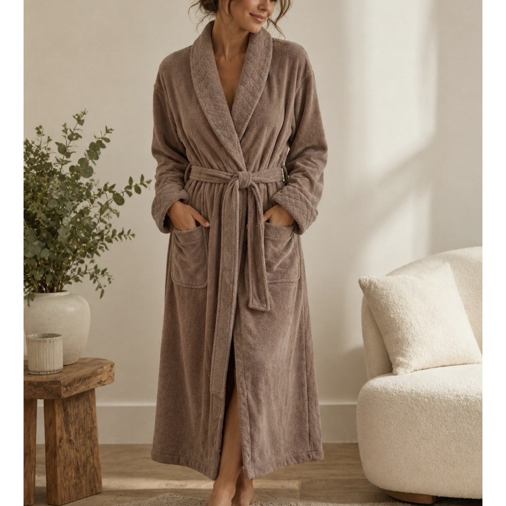 Vtg Victoria's Secret Country Plush Long Robe Taupe Brown Belted P/S 50" Length